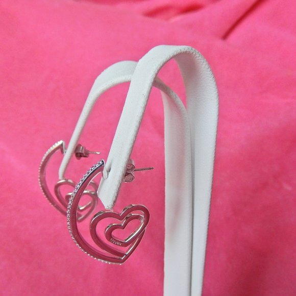 SUN 925 Sterling SILVER HEARTS DIAMONDS EARRINGS - Picture 2 of 15